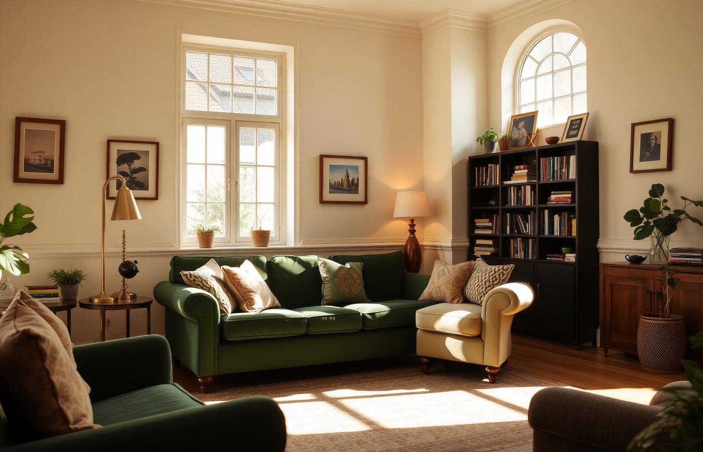 Warm family sitting room with a forest green sofa and brass lamp