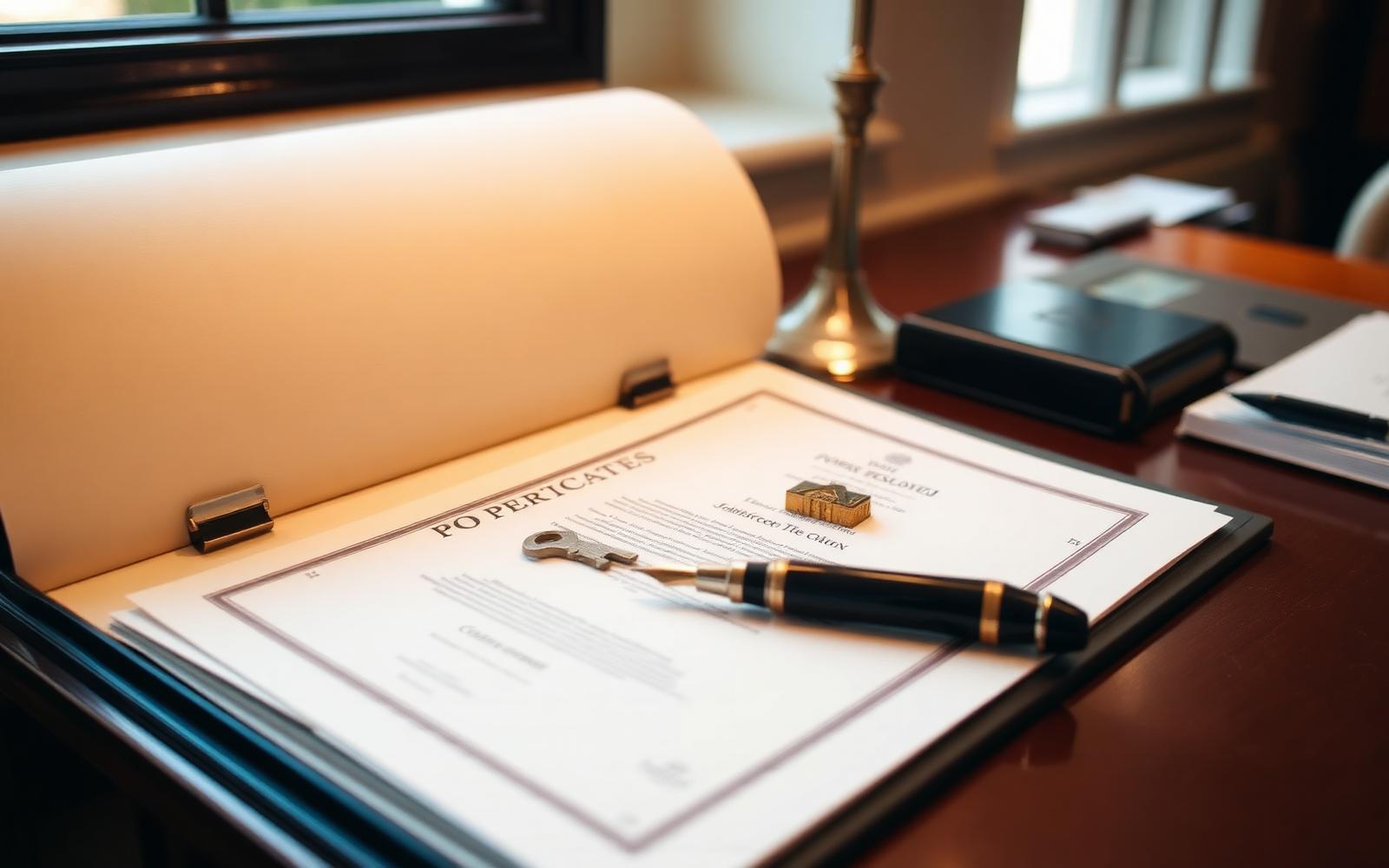 Organised property certificates and a key on a warm wooden desk