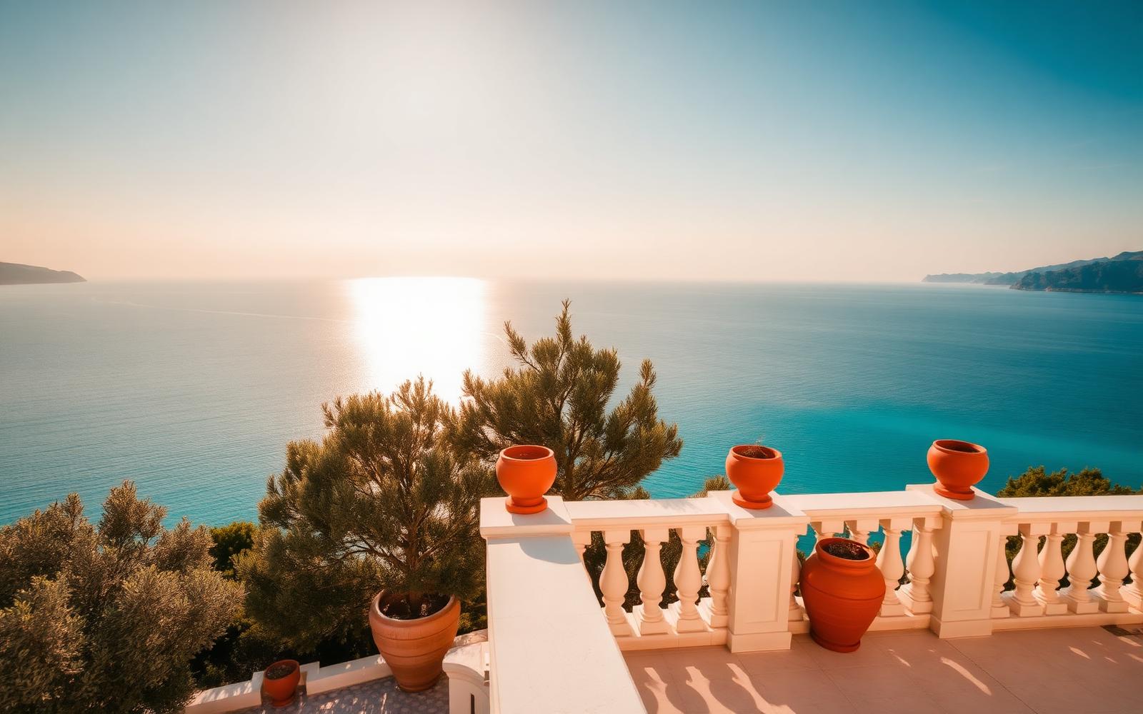 Villa terrace with terracotta pots overlooking the turquoise sea in North Cyprus