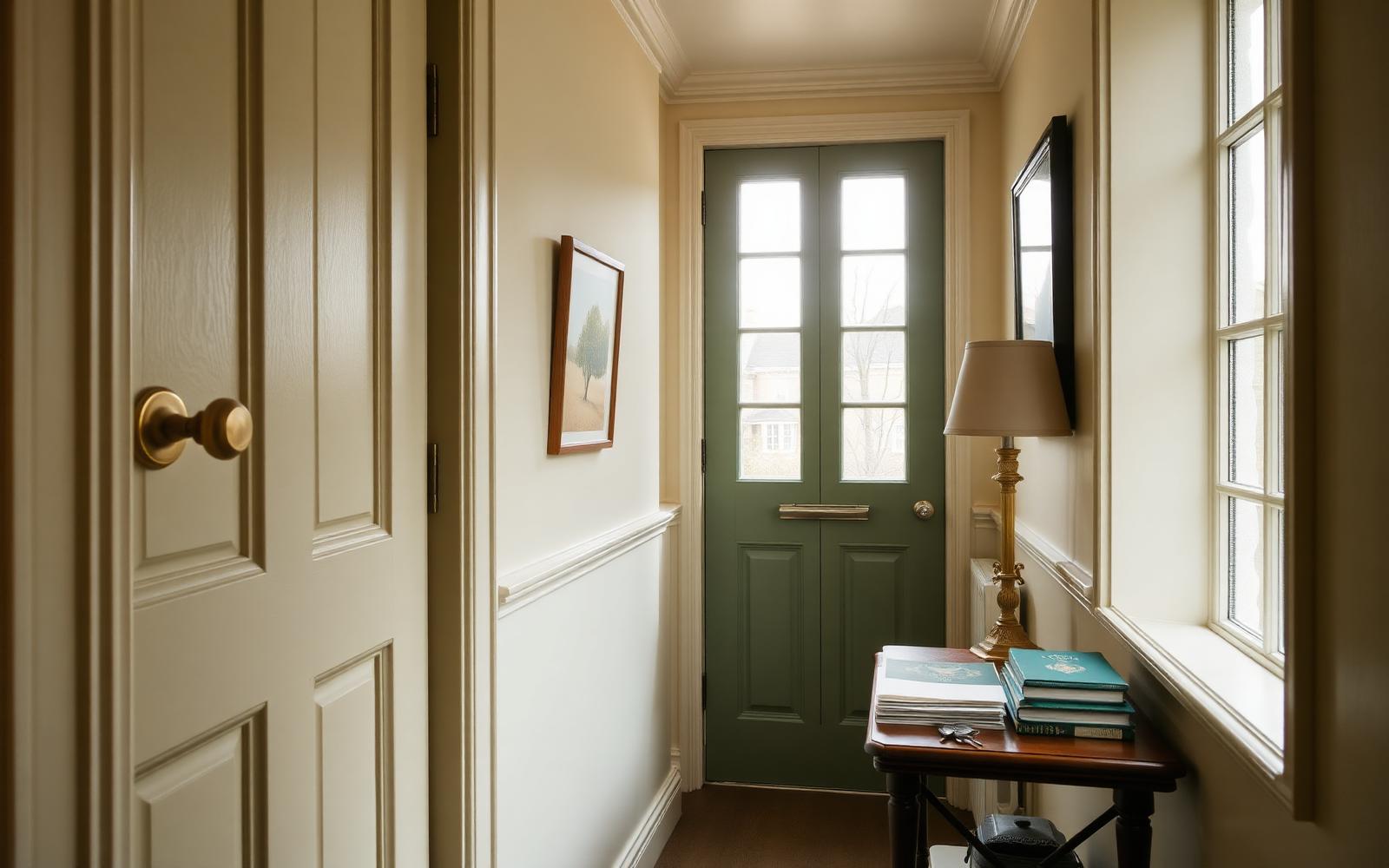 Warm residential hallway with brass hardware and house keys on a console table