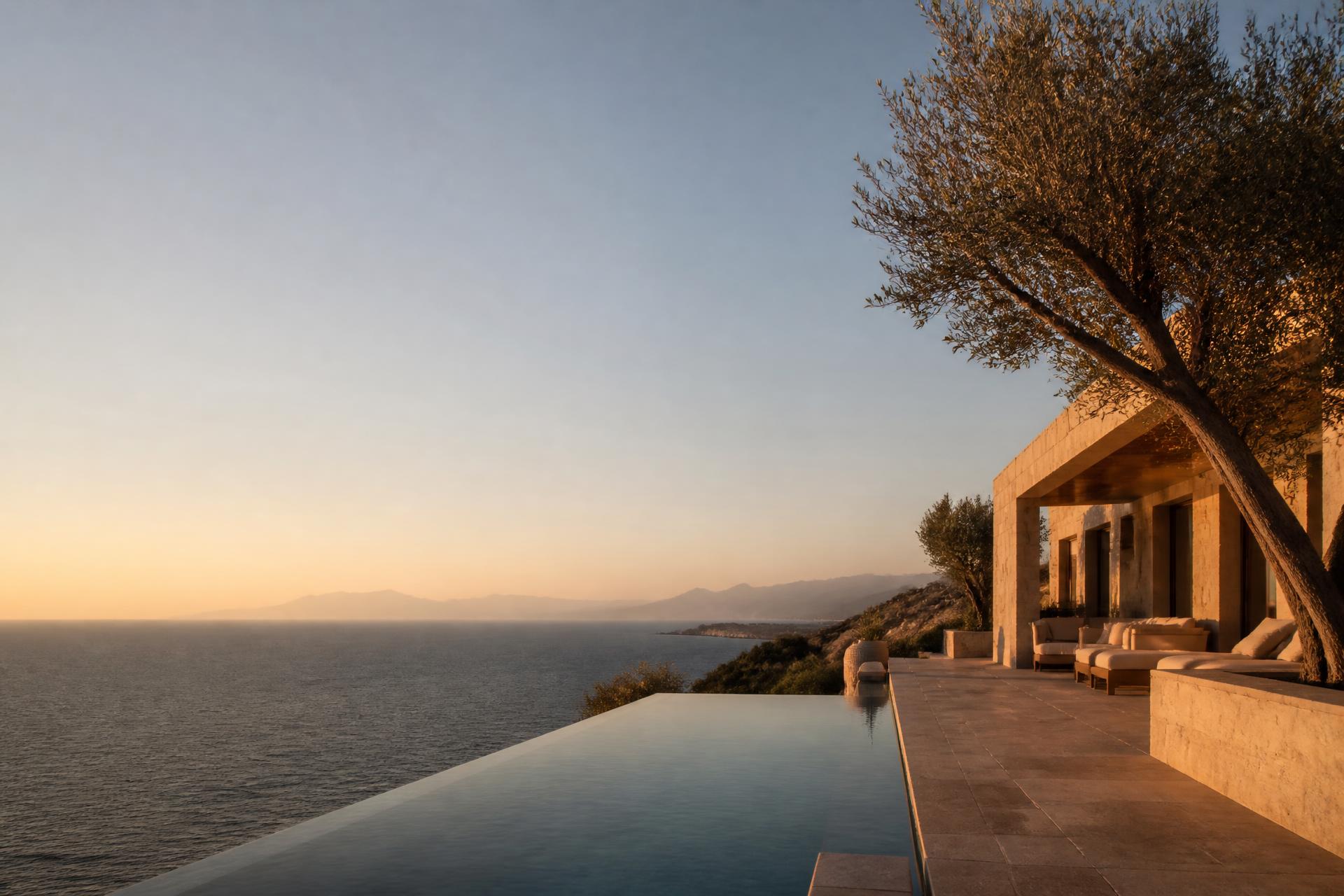 Mediterranean short-stay residence overlooking the sea at golden hour